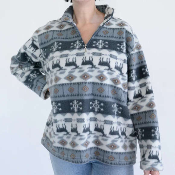 Vintage Trend Basics Grey & Cream Reindeer  Fleece Quarter Zip Sweater M - Picture 1 of 12